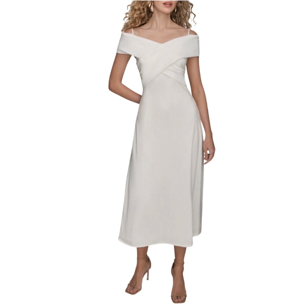 Donna Karan White Off Shoulder Midi Dress A Line Crepe Size 8